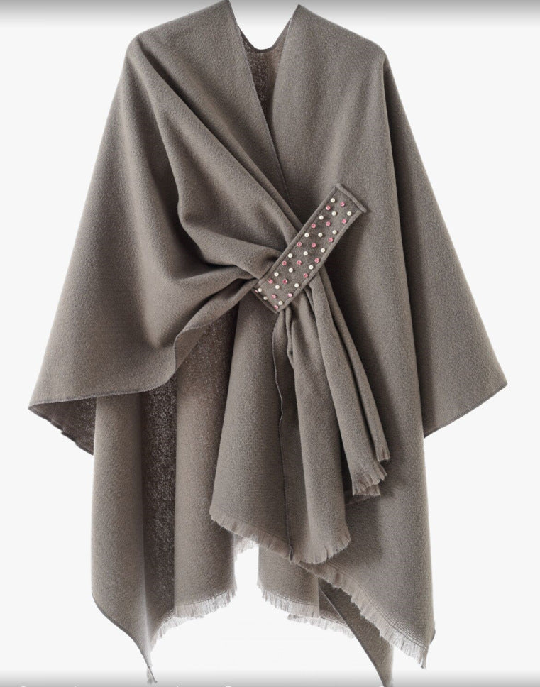 Damen Eleganter Wickel-Umhang aus Wollmischung mit Taillenschärpe und Fransensaum Shop Nory
