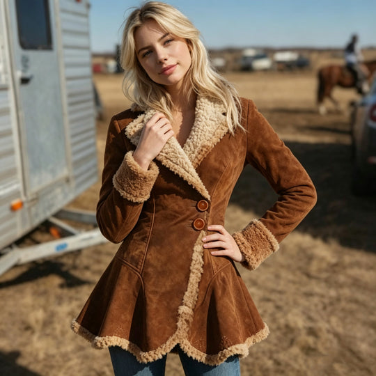Damen nan taillierter Lammfellimitat-Mantel mit ausgestelltem Saum, Doppelknopfverschluss und Kontrast-Sherpa-Besatz Shop Nory