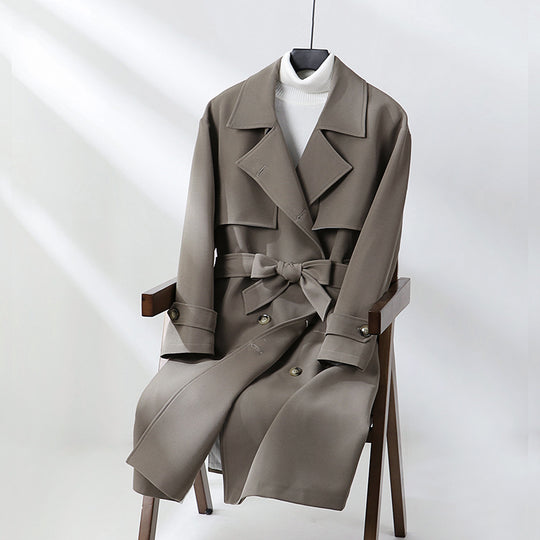 Damen Langer taillierter Trenchcoat mit weitem Schalkragen und Bindegürtel Shop Nory