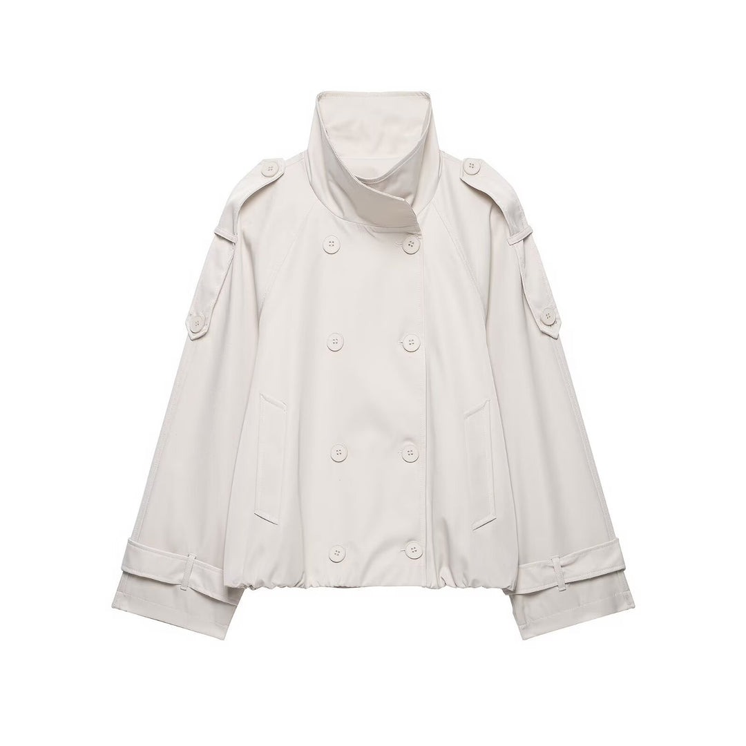 Damen Kurzgeschnittener Cape-Trench mit hohem Funnelkragen und doppelreihiger Knopfleiste Shop Nory
