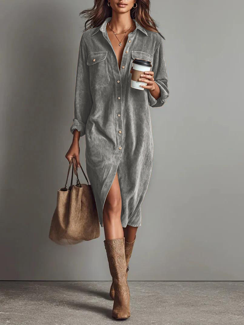 Damen Hemdblusenkleid aus Cord mit Brusttaschen, Knopfleiste und Schlitze Shop Nory