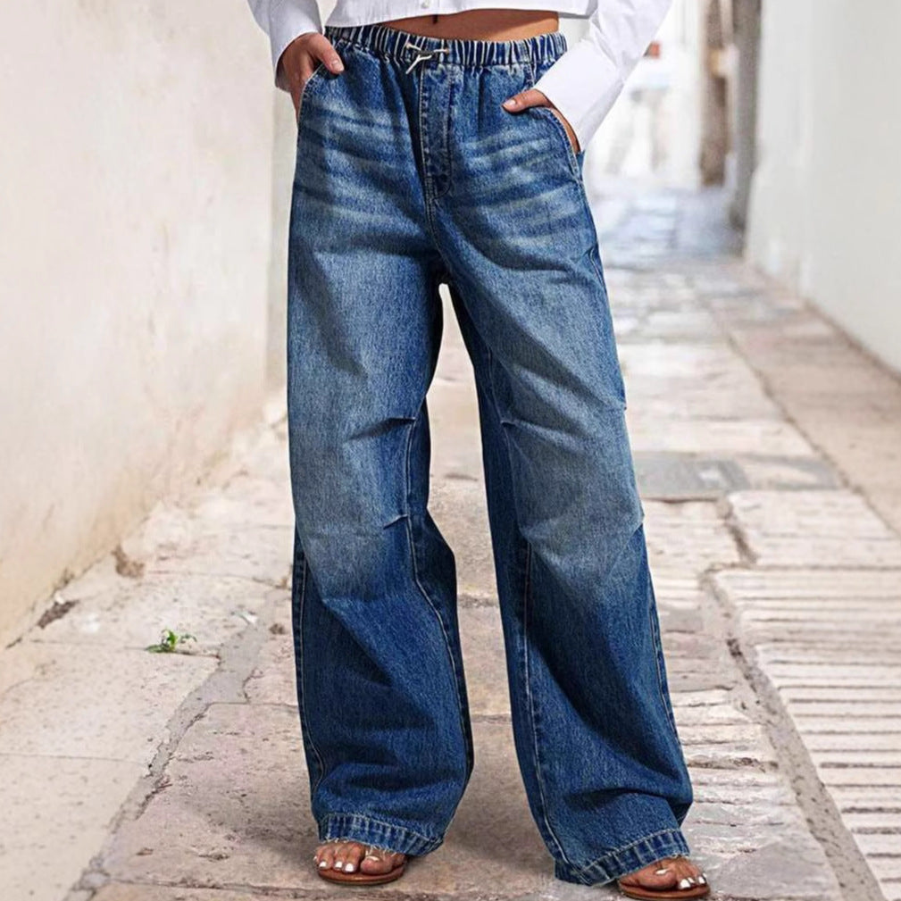 Damen Weite Denim-Hose mit elastischem Bund und hohen Taschen
