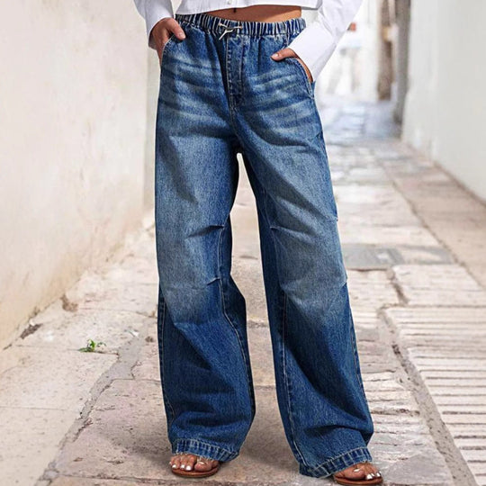 Damen Weite Denim-Hose mit elastischem Bund und hohen Taschen