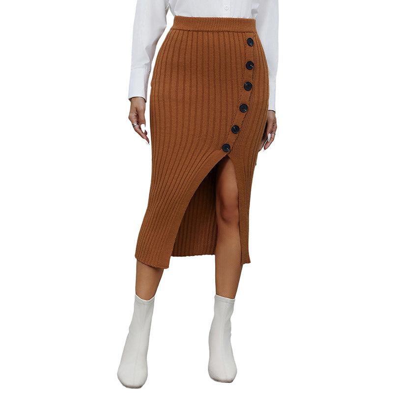 Damen Gerippter Strick-Midirock mit hoher Taille, dekorativer Knopfleiste und Seitenschlitz Shop Nory