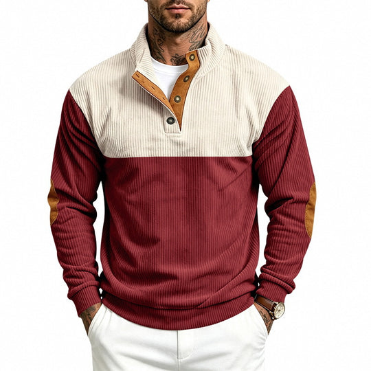 Herren Gerippter Stehkragen-Pullover mit Knopfleiste, Kontrastblende und Ellbogen-Patches Shop Nory