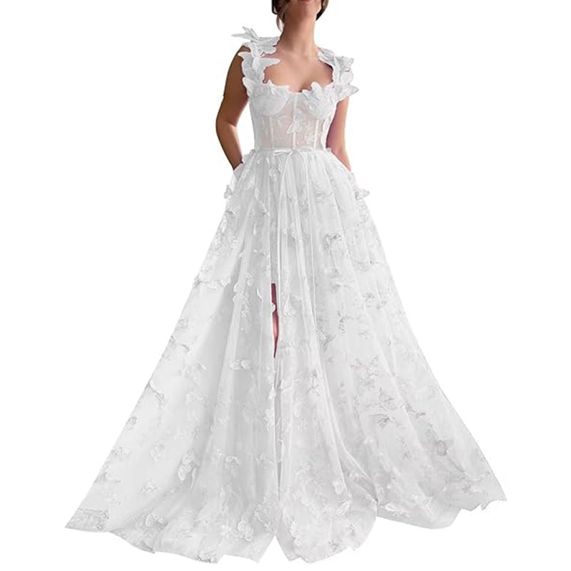 Damen Elegantes Maxikleid mit floralem Spitzenbesatz und transparenter Hülle
