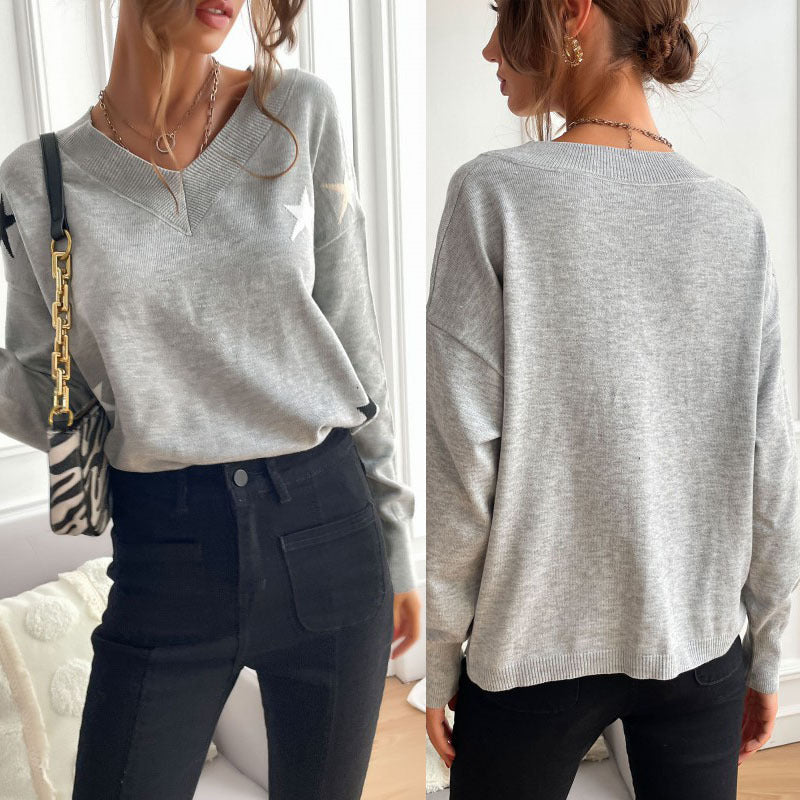 Damen Feiner V‑Ausschnitt Strickpullover mit Stern‑Intarsien und überschnittener Schulter Shop Nory