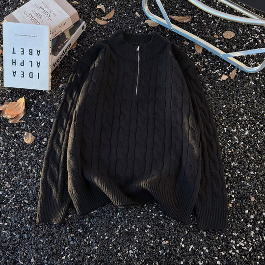 Unisex Oversize-Zopfmuster-Halbzip-Pullover mit extra hohem Rippkragen und schwerer Baumwollmischung Shop Nory