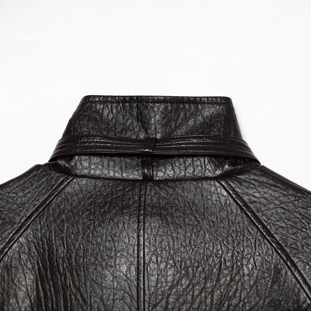 Damen Kurzjacke aus Lederimitat mit hohem Schnallenkragen und Taillengürtel Shop Nory