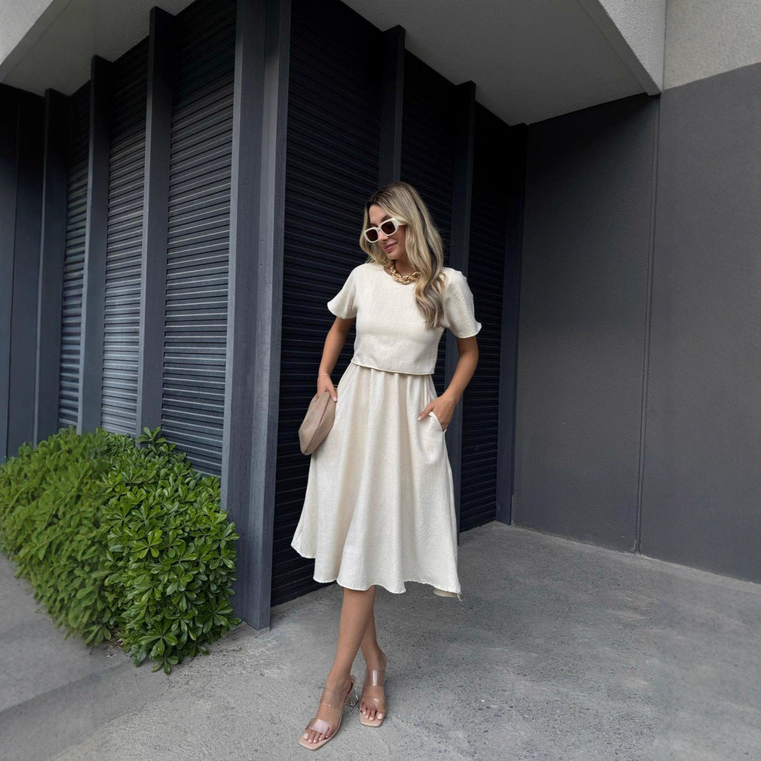 Damen Midi-Kleid mit weitem Schnitt und praktischen Taschen Shopnory