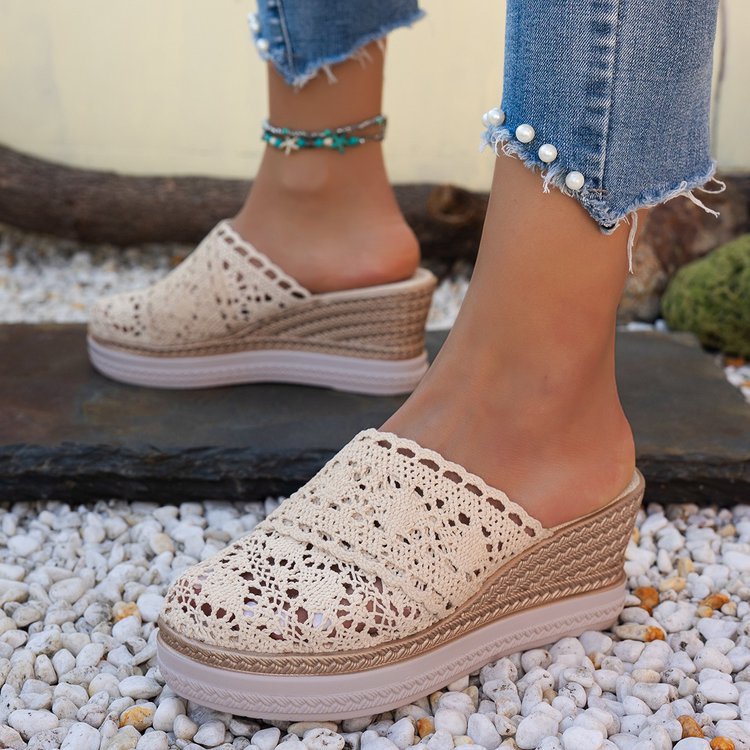 Damen nan gehäkelte Plateau-Slipper mit Jute-Details und Memory-Fußbett Shopnory