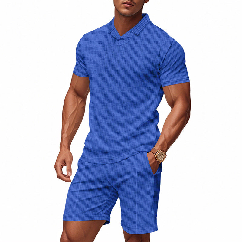 Herren nan lässiges Waffelstruktur-Freizeitset mit Reverskragen-Kurzarmshirt und elastischen Freizeitshorts