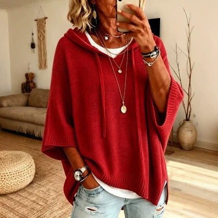 Damen Oversize Strick-Poncho mit Kapuze, Fledermausärmeln und Seitenschlitzen Shop Nory