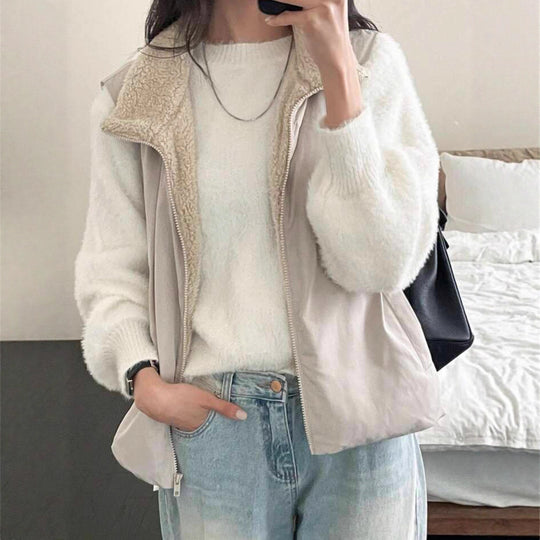 Damen Kurzgeschnitteter Flauschpullover mit Ballonärmeln und Rundhalsausschnitt Shop Nory