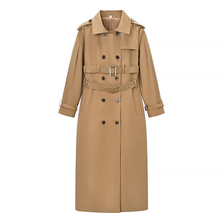 Damen Langer doppelreihiger Trenchcoat mit tailliertem Doppelgürtel, Ballonärmeln und Epauletten Shop Nory