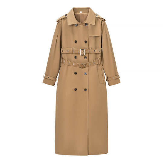 Damen Langer doppelreihiger Trenchcoat mit tailliertem Doppelgürtel, Ballonärmeln und Epauletten Shop Nory