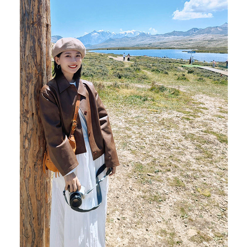 Damen Kurzjacke aus Lederimitat mit kastigem Schnitt und Hemdkragen Shop Nory