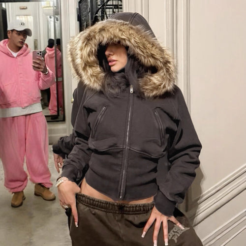 Damen nan kurz geschnittene Kapuzenjacke mit Kunstfellkapuze, Reißverschluss und tailliertem Bündchen Shop Nory