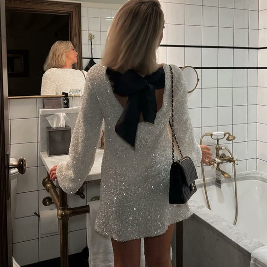 Damen Glitzer-Tunika mit Schleifenkragen und feiner Paillettenstruktur Shop Nory
