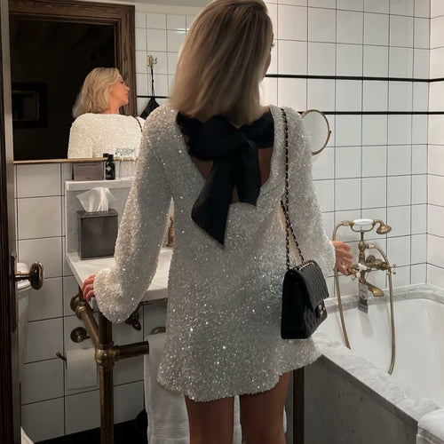 Damen Glitzer-Tunika mit Schleifenkragen und feiner Paillettenstruktur Shop Nory