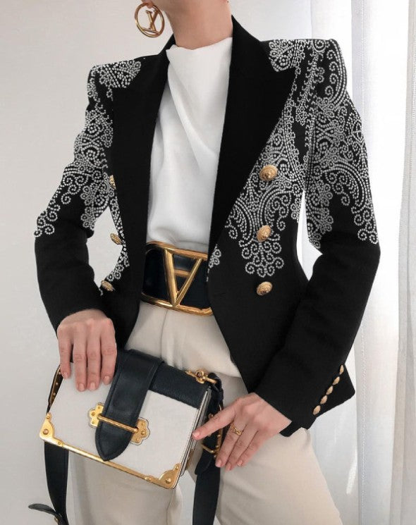 Damen Taillierter Doppelreihiger Blazer mit markanter Schulter, Goldknöpfen und Glitzer-Ombré Shop Nory