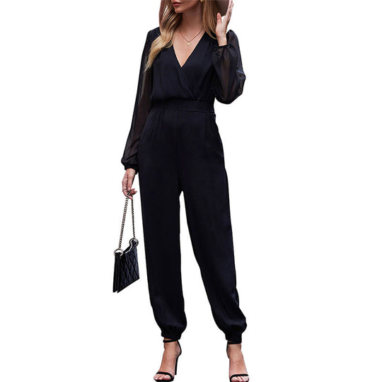 Damen Elegant-geschnittener Wickel-Jumpsuit mit transparenten Armvolants, tailliertem Bund und schmalem Bein Shop Nory
