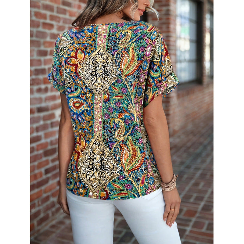 Damen Kurzarm Bluse mit buntem Druck und V-Ausschnitt