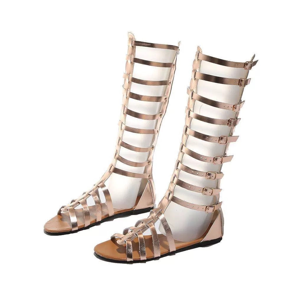 Damen Kniehohe Römersandalen mit mehreren Schnallen und flacher Komfortsohle Shop Nory