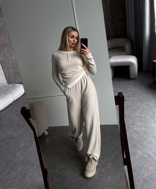 Damen Loungewear-Set aus weichem Modal mit Henley-Knopfleiste und weitem High-Waist Jogger Shop Nory