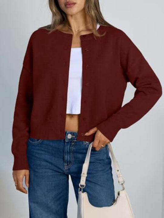 Damen Cropped Strickjacke im Boxy‑Schnitt mit Rundhals und Rippbündchen Shop Nory