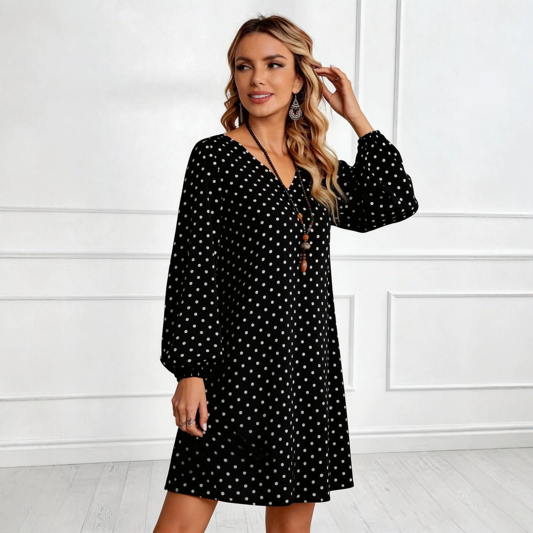 Damen Lockeres Tupfen‑Minikleid mit V‑Ausschnitt, Ballonärmeln und schwingender A‑Linie Shop Nory