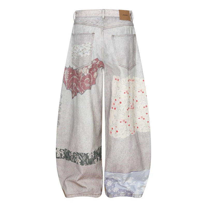 Damen Weite High‑Waist Culotte-Jeans mit Patchwork-Print und Balloon-Silhouette Shop Nory