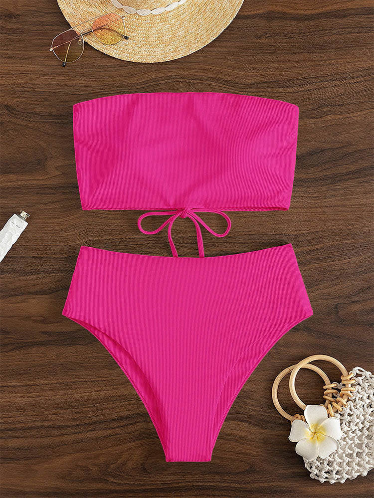 Damen Bandeau-Bikini mit hohem Bund und Rippdesign