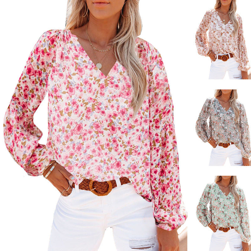 Damen Bluse mit floralen Mustern und V-Ausschnitt