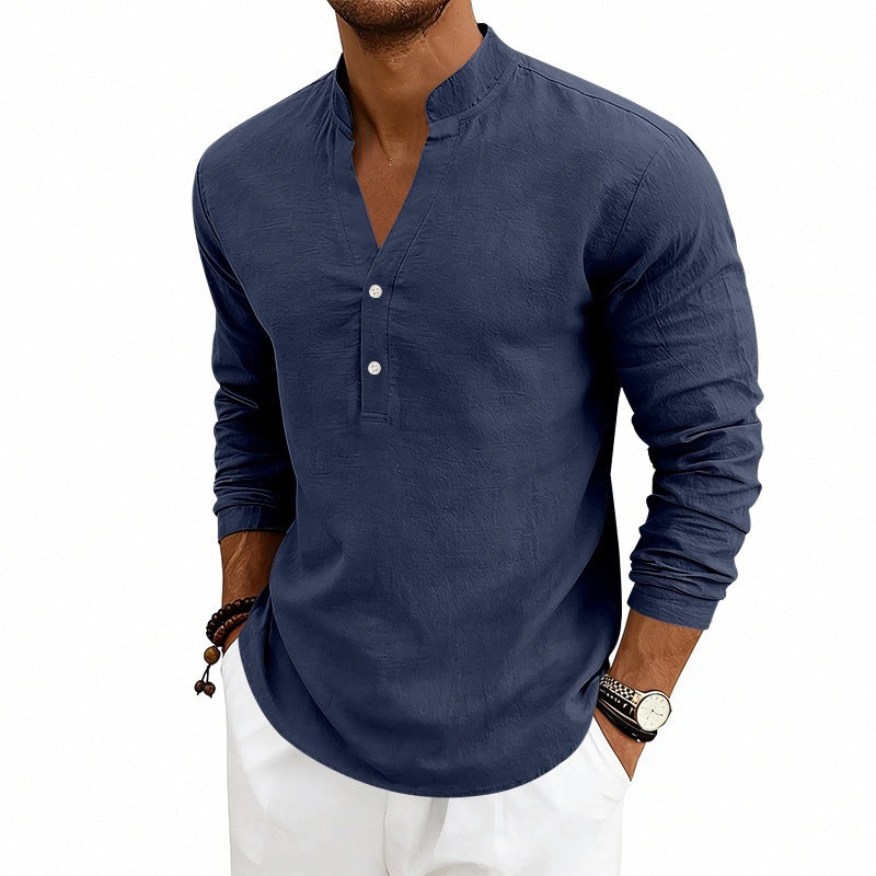 Herren Casual-Langarmhemd aus Leinen mit Stehkragen und kurzer Knopfleiste Shop Nory