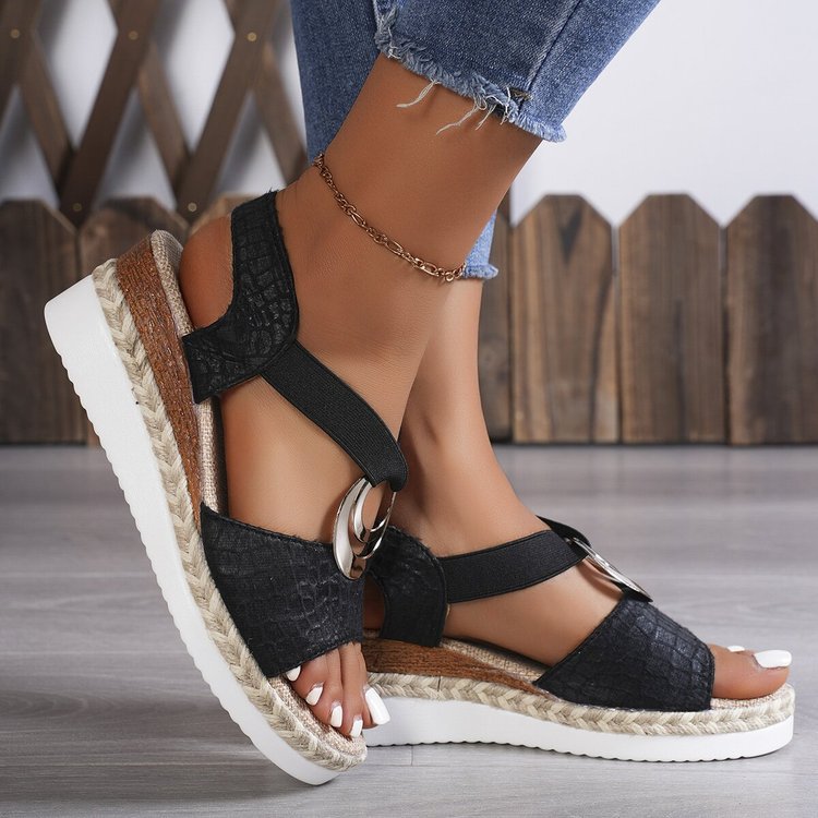 Damen Keil-Sandalen mit Bast-Plateau, elastischem Riemen und Zier-Öse Shop Nory