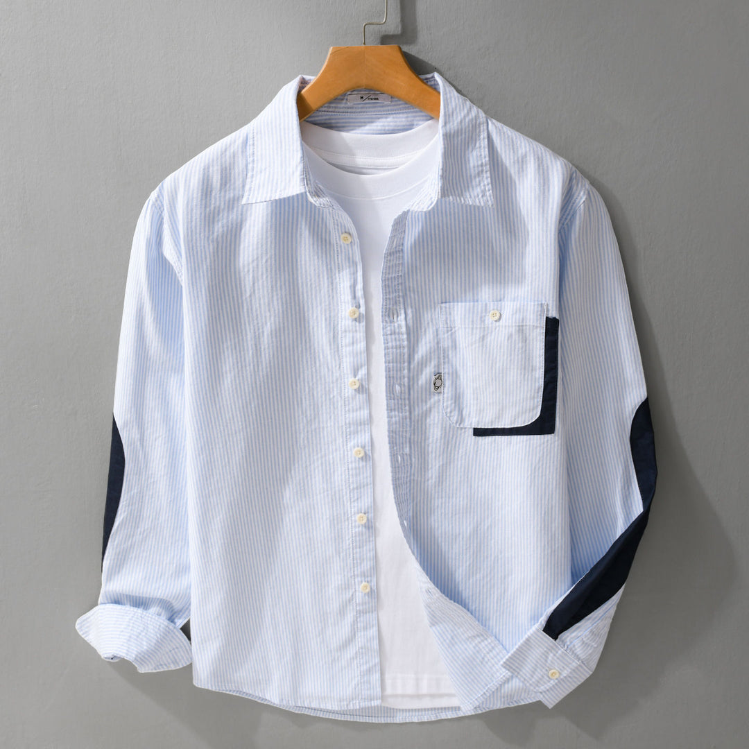 Herren Gestreiftes Overshirt‑Hemd mit Kontrast‑Ellbogenpatches und aufgesetzter Brusttasche Shop Nory
