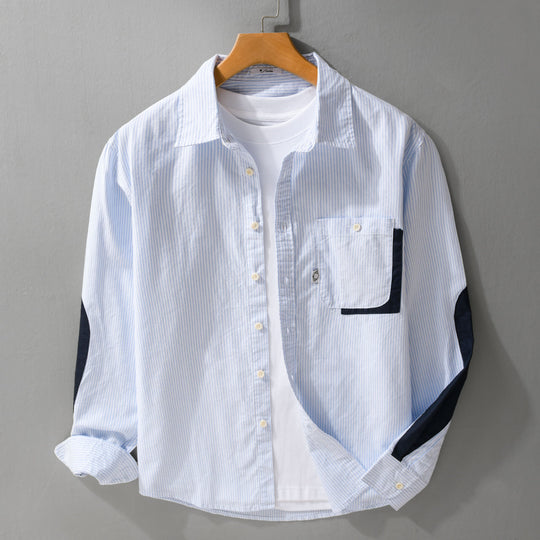 Herren Gestreiftes Overshirt‑Hemd mit Kontrast‑Ellbogenpatches und aufgesetzter Brusttasche Shop Nory