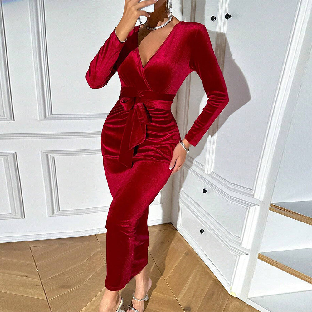 Damen gerafftes Samt-Wickelkleid mit V-Ausschnitt, tailliertem Bindegürtel und knöchellanger Mermaid-Silhouette Shop Nory
