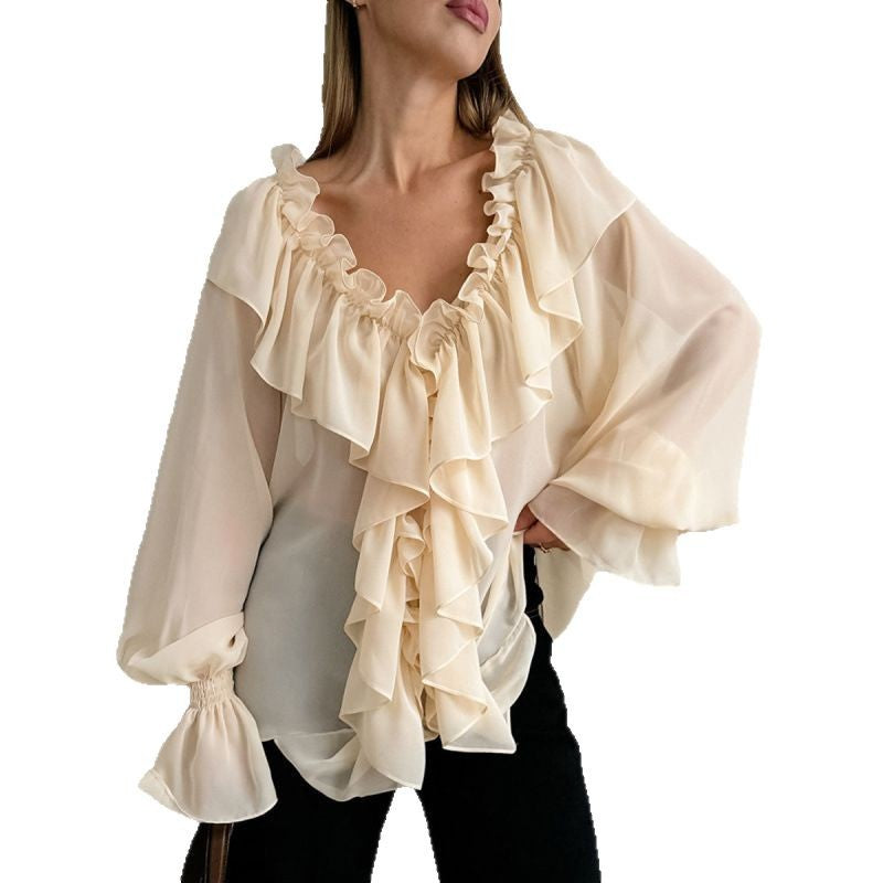 Damen Luftige Rüschenbluse aus Chiffon mit Oversize-Schnitten Shopnory