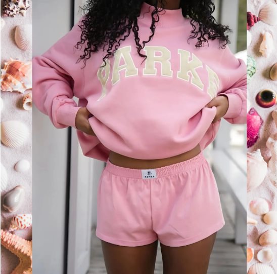 Damen Gemütliches Freizeit-Set mit Oversize kurz geschnittenem Sweatshirt und elastischen Baumwoll-Shorts Shop Nory