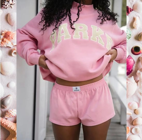 Damen Gemütliches Freizeit-Set mit Oversize kurz geschnittenem Sweatshirt und elastischen Baumwoll-Shorts Shop Nory