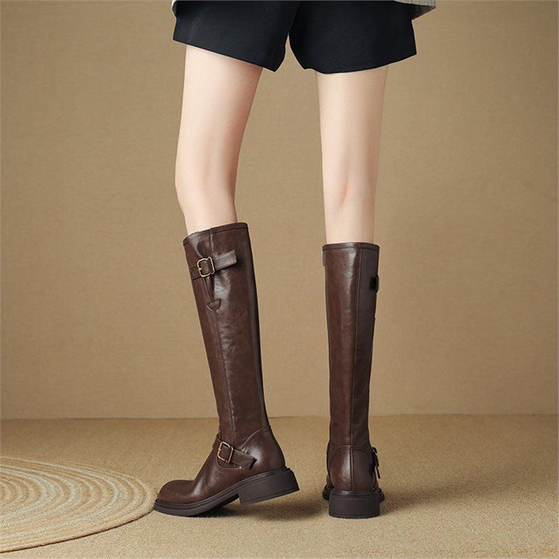 Damen Kniehohe Lederoptik-Stiefel mit verstellbaren Zierschnallen Shop Nory