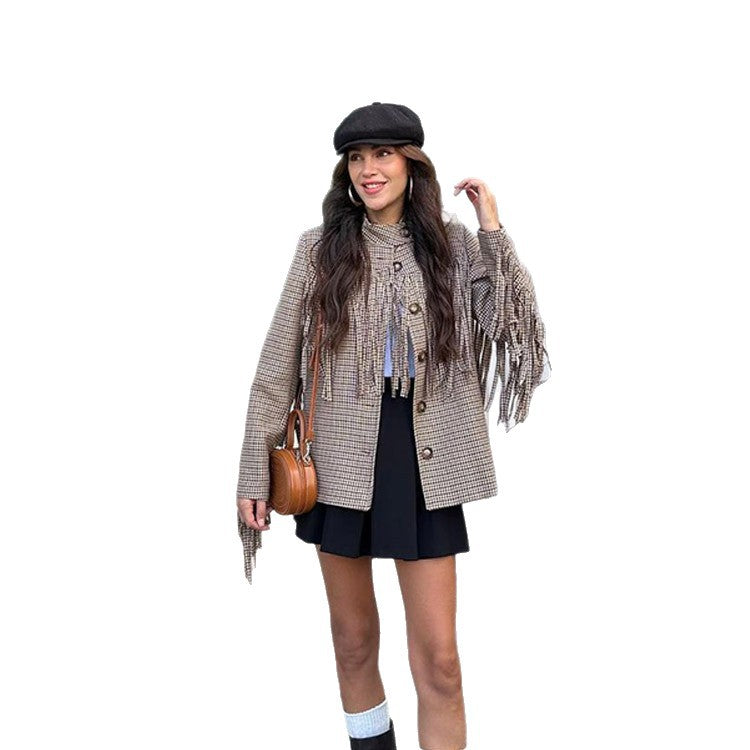 Damen Kurzblazer mit Fransen und Hahnentrittmuster Shop Nory