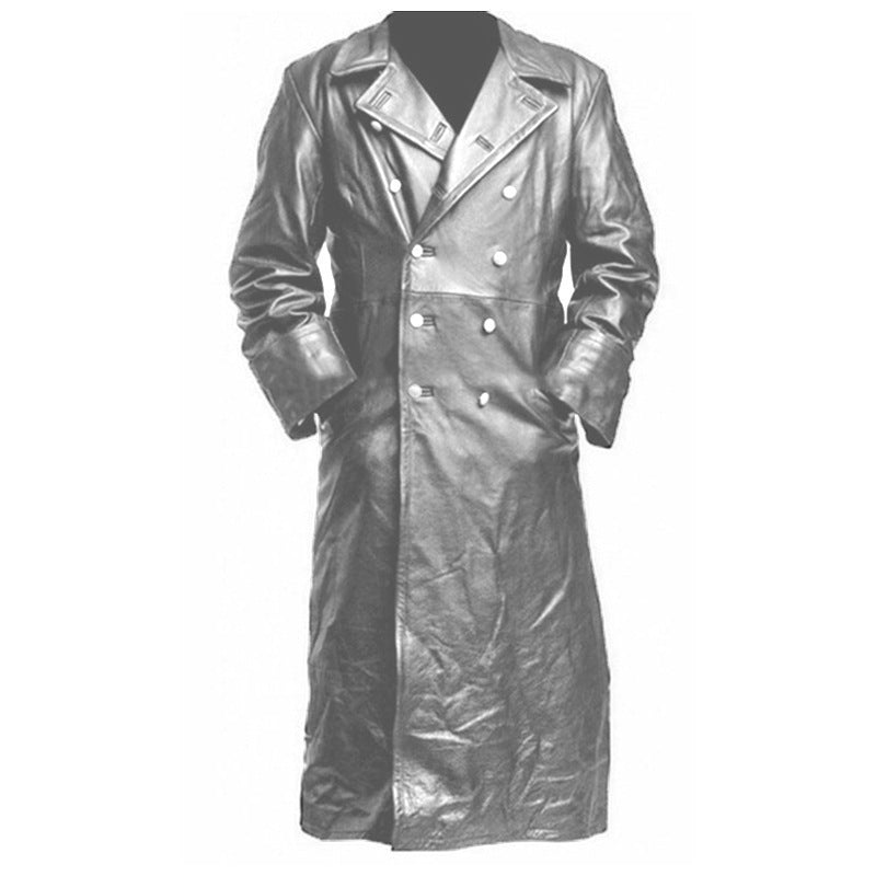 Herren Langer glänzender Kunstleder-Trenchcoat mit Doppelreiher und markantem Revers Shop Nory