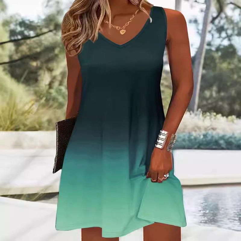Damen V-Ausschnitt Sommerkleid mit lShopnoryhaftem Farbverlauf und leichtem, atmungsaktivem Stoff Shopnory