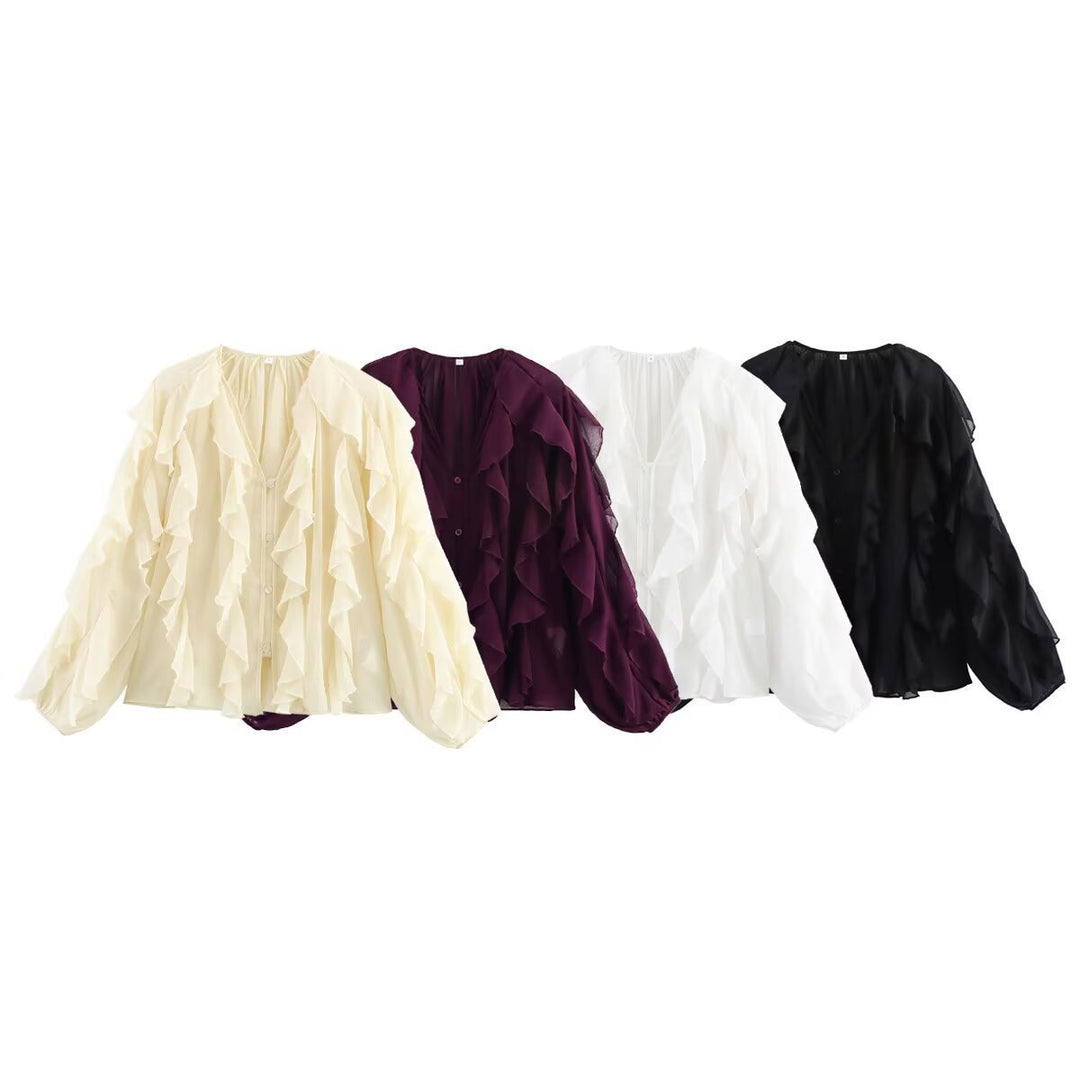 Damen Volant‑Chiffonbluse mit Lagen‑Rüschen und weiten Ballonärmeln Shop Nory