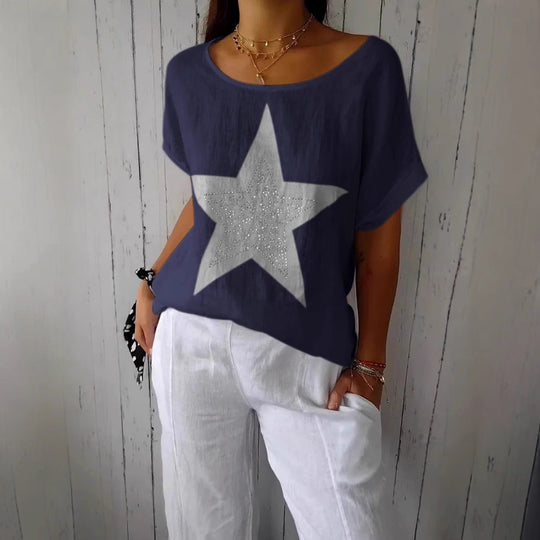 Damen lässiges Leinenoberteil mit glitzerndem Sternmotiv Shopnory