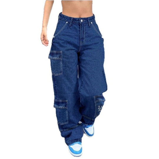 Damen Hochtaillierte weite Cargo-Denimhose mit elastischem Bund und Mehrfachtaschen Shop Nory