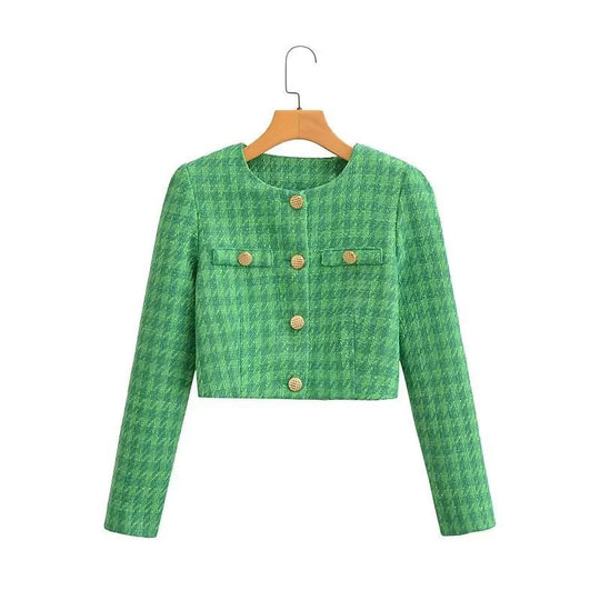 Damen Kurzblazer aus Bouclé-Tweed mit kastiger Cropped‑Silhouette und kragenlosem Design Shop Nory
